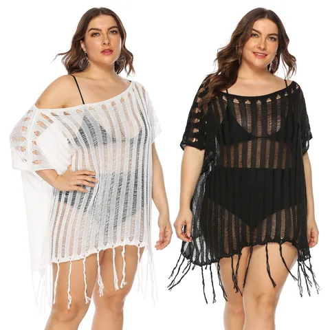 Plus Size Women Crochet Hollow Out Beach Cover Up Slash Neck Loose Sheer Tassel Knit Top Summer Vacation Resort Wear