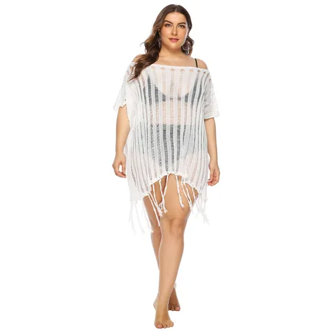 Plus Size Women Crochet Hollow Out Beach Cover Up Slash Neck Loose Sheer Tassel Knit Top Summer Vacation Resort Wear