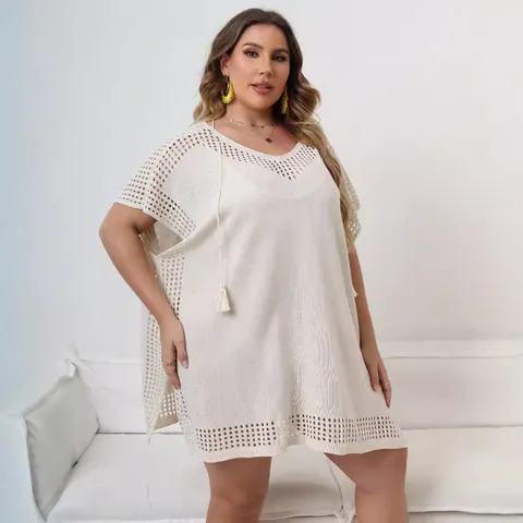 Copricostume da Spiaggia Taglie Forti all'Uncinetto Scollo a V Morbido con Nappine Tessuto Copricostume per Bikini Donna