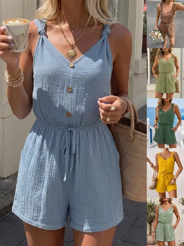 Women Casual Summer Vacation Solid Color Textured Knotted Strap Romper Cotton V-Neck Drawstring Waist Jumpsuit