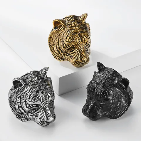 Men Stainless Steel Tiger Head Ring Retro Punk Cool Animal Finger Ring Biker Heavy Metal Statement Jewelry Gift