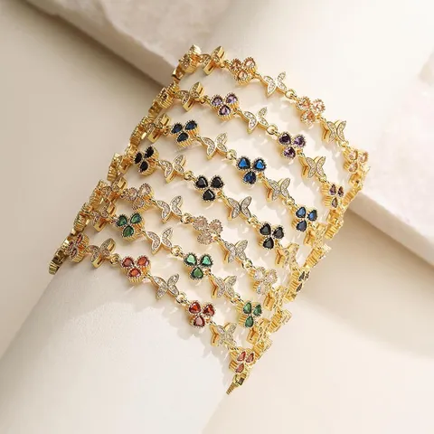 Refined Copper Zirconia Clover Butterfly Inlaid Bracelet For Women Sweet Gold Plated Colorful Gemstone Link Hand Chain Jewelry