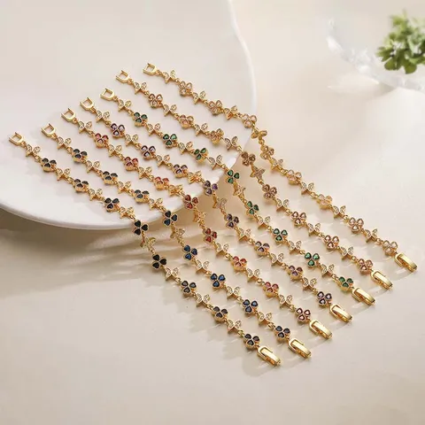Refined Copper Zirconia Clover Butterfly Inlaid Bracelet For Women Sweet Gold Plated Colorful Gemstone Link Hand Chain Jewelry
