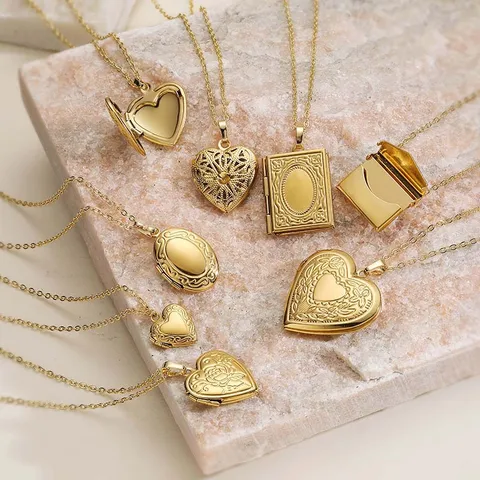 Vintage French Style Stainless Steel Gold Plated Locket Necklace For Women Heart Envelope Book Oval Photo Pendant Jewelry