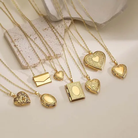 Vintage French Style Stainless Steel Gold Plated Locket Necklace For Women Heart Envelope Book Oval Photo Pendant Jewelry