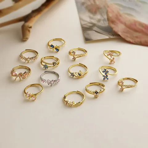 Elegant Copper Zirconia Bowknot Four-Leaf Clover Open Adjustable Ring For Women Gold Silver Butterfly Flower Fashion Jewelry