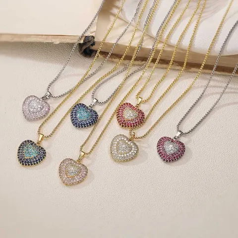 Luxury Copper Heart Jewelry Set Zirconia Inlaid Double Layer Heart Pendant Necklace Hoop Earrings For Women Fashion Jewelry