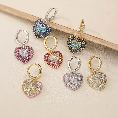Luxury Copper Heart Jewelry Set Zirconia Inlaid Double Layer Heart Pendant Necklace Hoop Earrings For Women Fashion Jewelry