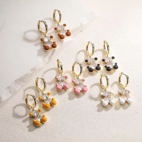 Boucles d'Oreilles Pendantes Ours Dessin Animé Cuivre Zircone Émail Coloré Créoles Huggie pour Femmes Bijoux Animaux