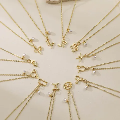 Niche Luxury Copper Twelve Zodiac Pendant Necklace Artificial Pearl Ins Style Constellation Clavicle Chain For Women Jewelry