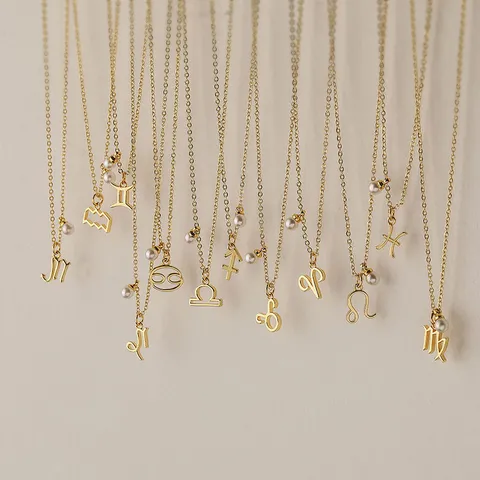 Niche Luxury Copper Twelve Zodiac Pendant Necklace Artificial Pearl Ins Style Constellation Clavicle Chain For Women Jewelry