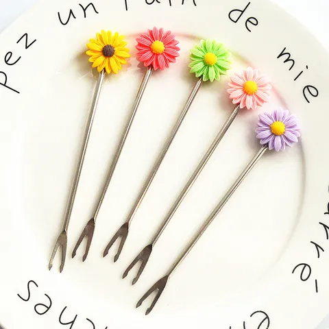 Fourchettes à Fruits en Acier Inoxydable Motif de Marguerite Mignon Pics de Nourriture Portables Ensemble de Vaisselle Multicolore pour Fête à la Maison