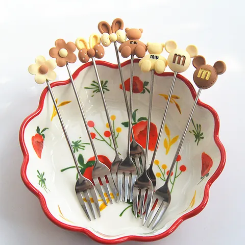 Joli Ensemble de Fourchettes à Fruits en Acier Inoxydable Avec Poignée en Silicone de Dessin Animé Fourchettes à Gâteau Dessert Portables Pour Cuisine