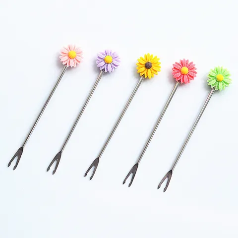 Fourchettes à Fruits en Acier Inoxydable Motif de Marguerite Mignon Pics de Nourriture Portables Ensemble de Vaisselle Multicolore pour Fête à la Maison