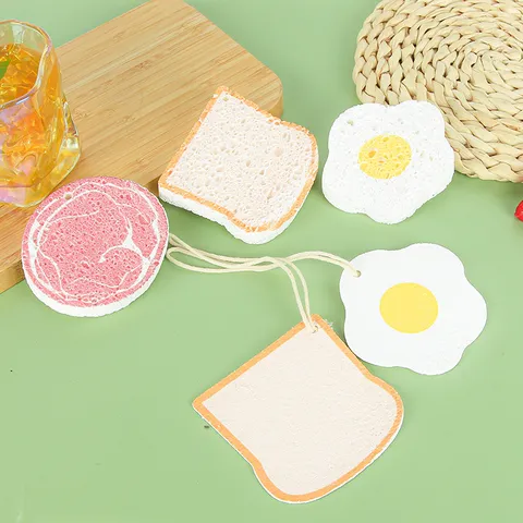 Chiffon Vaisselle Éponge en Pulpe de Bois Mignonne Créative Éponge de Nettoyage de Cuisine Forme Pain Jambon Œuf Outil