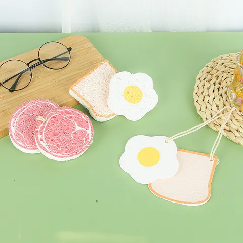 Chiffon Vaisselle Éponge en Pulpe de Bois Mignonne Créative Éponge de Nettoyage de Cuisine Forme Pain Jambon Œuf Outil