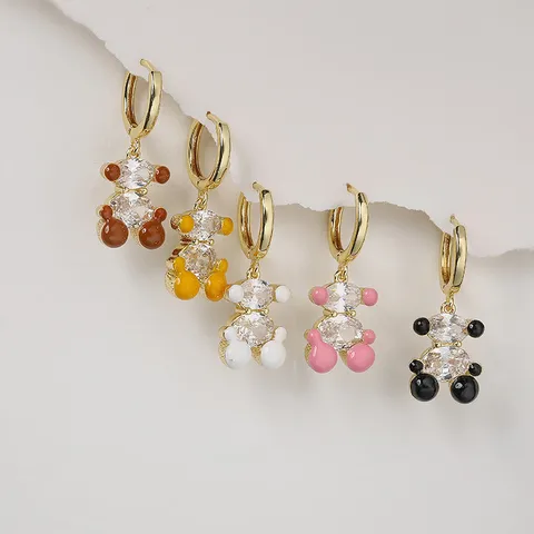Boucles d'Oreilles Pendantes Ours Dessin Animé Cuivre Zircone Émail Coloré Créoles Huggie pour Femmes Bijoux Animaux