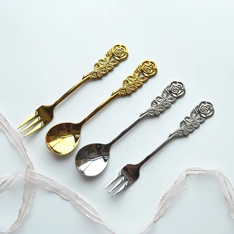 Stainless Steel Rose Handle Dessert Spoon Fruit Fork Mirror Polished Coffee Stirring Spoon Elegant Floral Tableware For Party