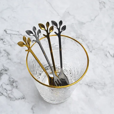 Creative Stainless Steel Leaf Handle Tableware Gold Silver Mirror Polished Fruit Fork Coffee Stirring Spoon Modern Kitchen Dessert Utensils
