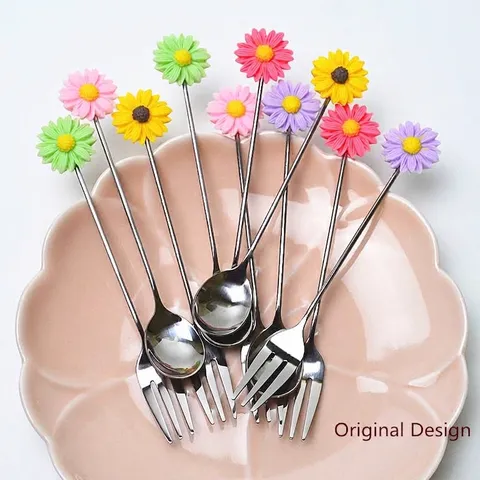 Fourchette à Fruits en Acier Inoxydable Marguerite Cuillère à Café Dessin Animé Tournesol Vaisselle pour Fête Maison