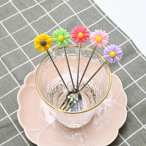 Fourchette à Fruits en Acier Inoxydable Marguerite Cuillère à Café Dessin Animé Tournesol Vaisselle pour Fête Maison
