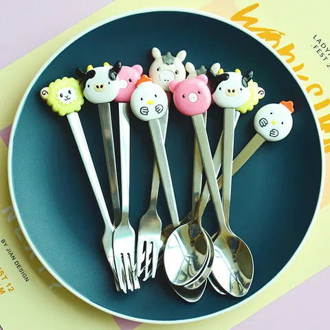 Cartoon Animal 304 Stainless Steel Fruit Fork Coffee Spoon Cute Pig Cow Chick Sheep Horse Shape Dessert Stirrer Tableware