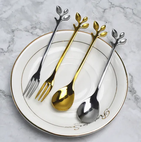Creative Stainless Steel Leaf Handle Tableware Gold Silver Mirror Polished Fruit Fork Coffee Stirring Spoon Modern Kitchen Dessert Utensils