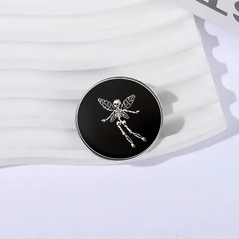 Halloween Pixel Art Skeleton Fairy Metal Brooch Round Enamel Badge Gothic Lapel Pin For Clothing Backpack Jewelry Accessory