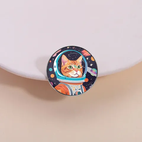 Creative Astronaut Space Cat Enamel Brooch Zinc Alloy Round Square Metal Badge Pin For Backpack Clothes Fashion Jewelry Unisex Gift