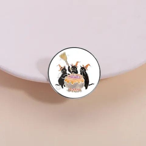 Halloween Enamel Pin Cute Black Cat Witch Hat Cauldron Round Square Zinc Alloy Brooch Lapel Pin For Backpack Clothing Decor