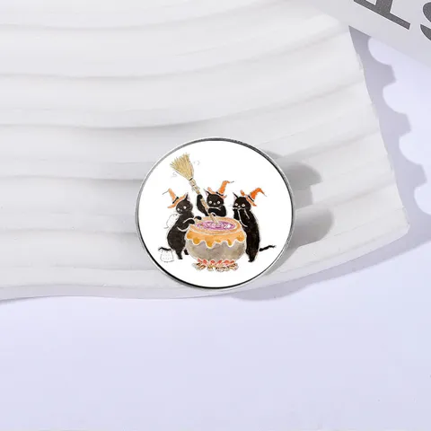 Halloween Enamel Pin Cute Black Cat Witch Hat Cauldron Round Square Zinc Alloy Brooch Lapel Pin For Backpack Clothing Decor