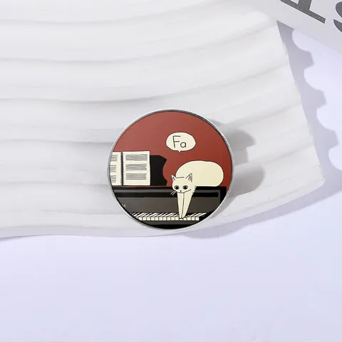 White Cat On Piano Metal Brooch Music Note Enamel Pin Zinc Alloy Round Square Badge For Clothing Backpack Women Men Jewelry