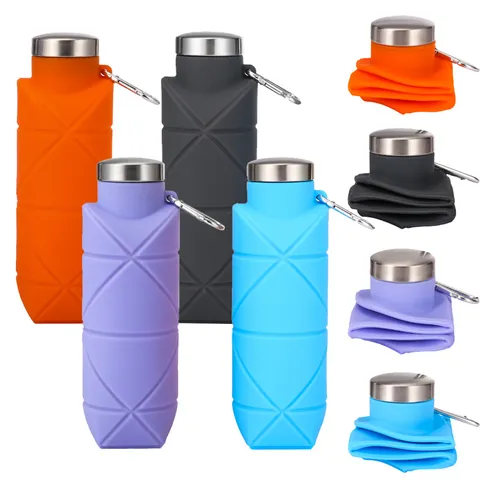 Collapsible Silicone Sports Water Bottle Rhombus Pattern Portable Outdoor Leakproof Travel Foldable Flask With Carabiner