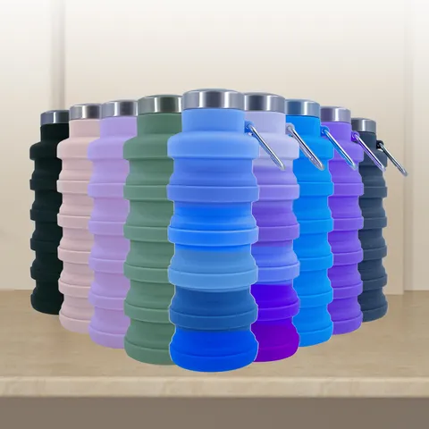 Collapsible Silicone Sports Water Bottle With Stainless Steel Lid Carabiner Leakproof Foldable Portable Outdoor Travel Mug
