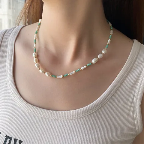 Collier en Perles Naturelles Style Chinois Vert Menthe Avec Espaceurs Dorés Bijoux Élégants pour Femmes