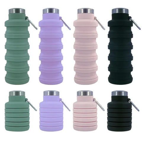 Collapsible Silicone Sports Water Bottle With Stainless Steel Lid Carabiner Leakproof Foldable Portable Outdoor Travel Mug