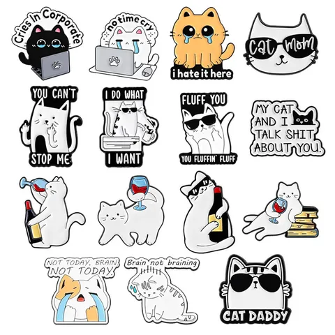 Pin de Esmalte de Gato de Dibujos Animados Divertidos Aleación de Zinc Emoción en el Trabajo Gato Mamá Papá Broche Insignia de Animal Accesorios Decorativos para Ropa