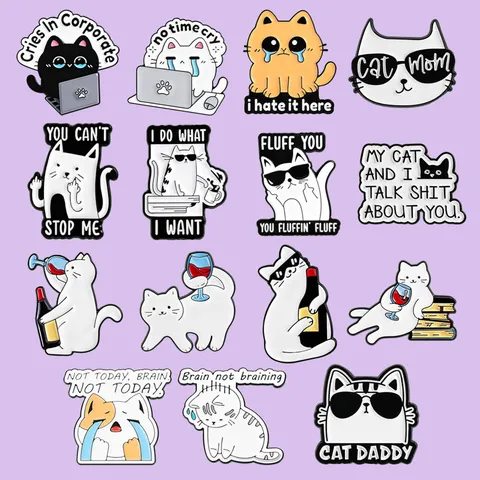 Pin de Esmalte de Gato de Dibujos Animados Divertidos Aleación de Zinc Emoción en el Trabajo Gato Mamá Papá Broche Insignia de Animal Accesorios Decorativos para Ropa
