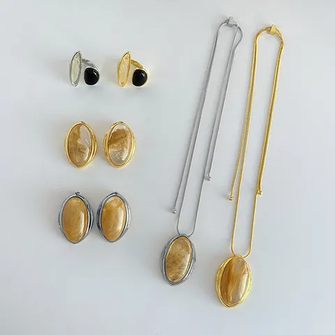 Collar con Colgante Ajustable de Cuarzo Ahumado Natural Cobre Chapado en Oro Plata Pendientes de Botón Anillo Abierto Joyería Mujer