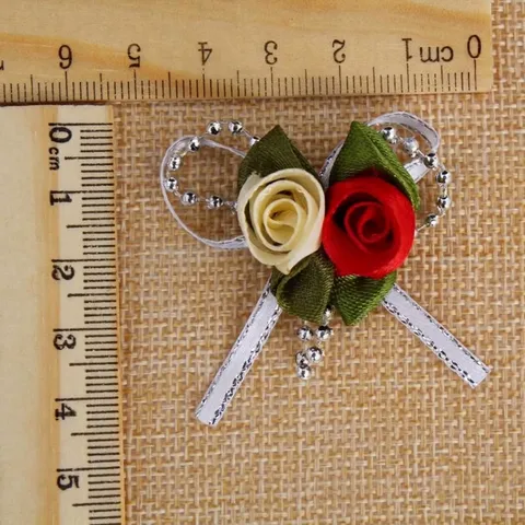 Handmade Satin Rose Bow Accessory With Silver Beads Ribbon For Gift Wedding Candy Box DIY Craft Decoration 5x4cm