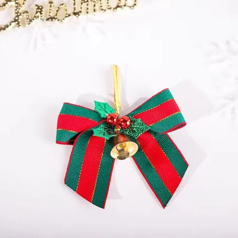 Christmas Bow Ornaments With Gold Bells Red Green Striped Ribbon Bows For Christmas Tree Decoration Gift Wrap Festive Accessories
