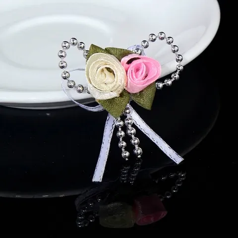 Handmade Satin Rose Bow Accessory With Silver Beads Ribbon For Gift Wedding Candy Box DIY Craft Decoration 5x4cm