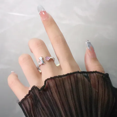 Bague Ouverte Réglable Chat Fleur de Cerisier Rose Kawaii Japonais pour Femmes Émail Cuivre Fleur Étoile Bague de Doigt Doux JK Bijoux