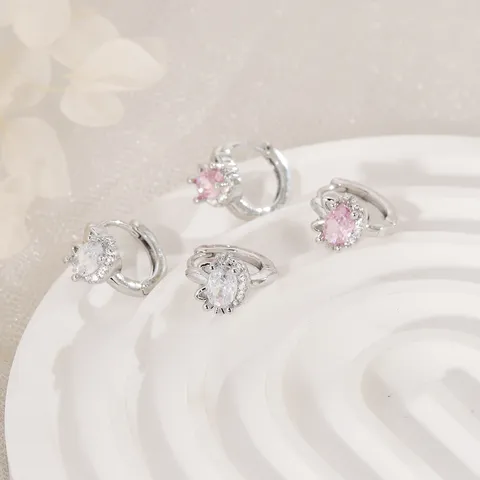 Süße Katzen Gesicht Zirkonia Huggie Creolen Für Damen Luxus Versilbertes Kupfer Rosa Weiß Zirkonia Strass Katzen Ohrringe Schmuck Geschenk