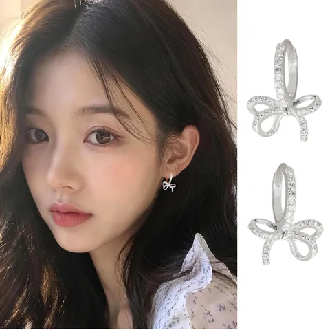 Luxury Copper Rhinestone Bowknot Hoop Earrings Platinum Plated Artificial Pearl Huggie Earrings For Banquet Women Fashion Jewelry