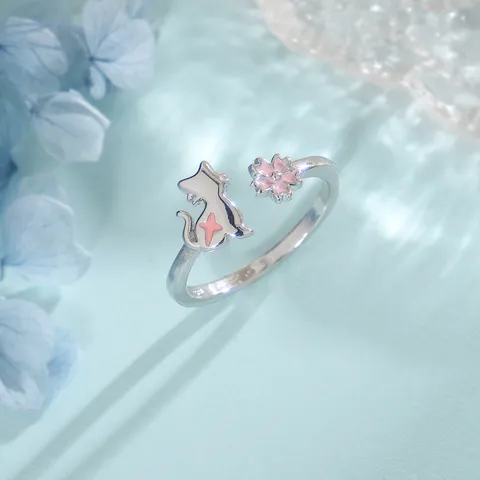 Bague Ouverte Réglable Chat Fleur de Cerisier Rose Kawaii Japonais pour Femmes Émail Cuivre Fleur Étoile Bague de Doigt Doux JK Bijoux