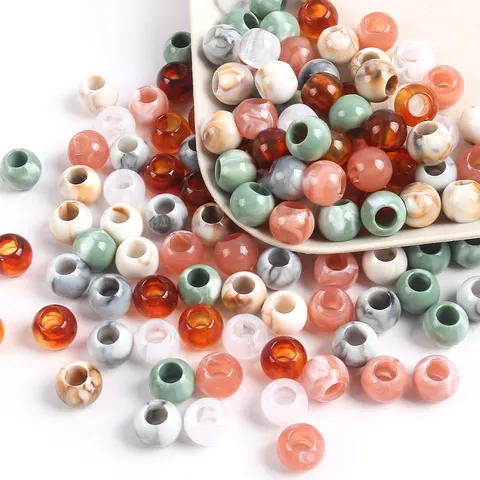 Acrylic Large Hole Beads Two-Tone Marble Pattern Round Loose Beads for DIY Jewelry Making Bracelet Phone Chain Findings