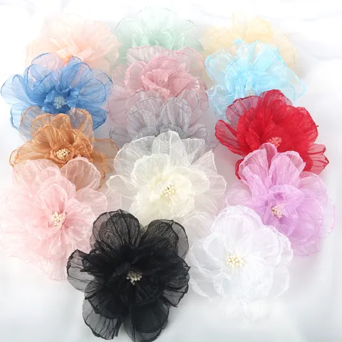 Handgemachte Chiffon Blumen Zubehör Gebrannte Kante 3D Blumen Applikation Für DIY Haaraccessoires Und Kleidung Nähhandwerk