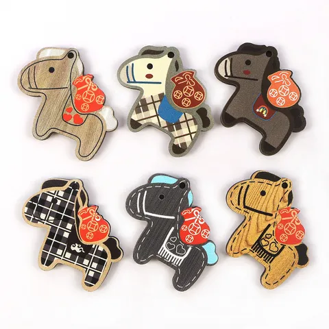 Cartoon Wooden Horse DIY Pendant Charm With Money Bag Pattern Electroplated Wood Small Horse Keychain Accessories For Jewelry Making