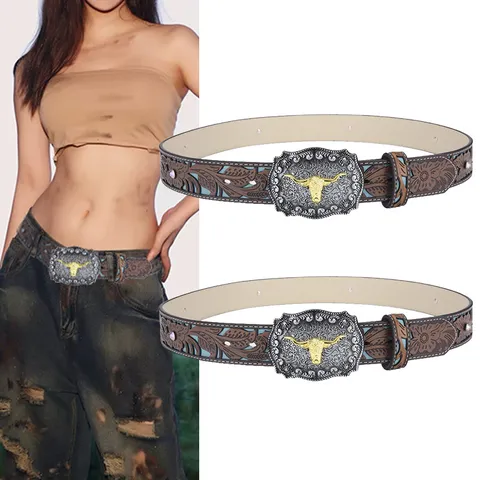 Western Cowboy Vintage Embossed PU Leather Belt For Men Women Punk Bull Head Carved Rhinestone Buckle Fashion Waist Belt